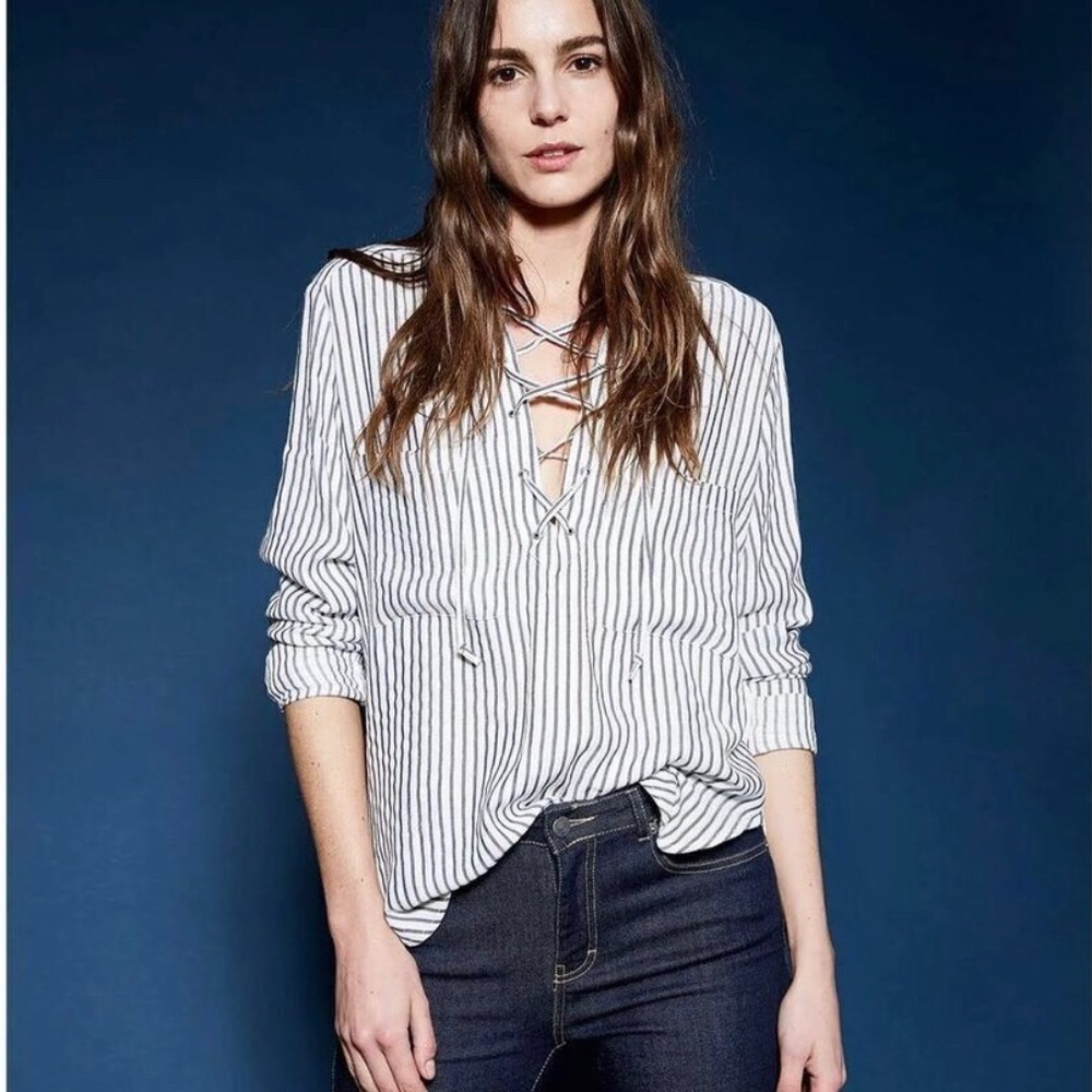 The Kooples Lace Up Shirt Women US M White Striped Lightweight Flowy Edgy French